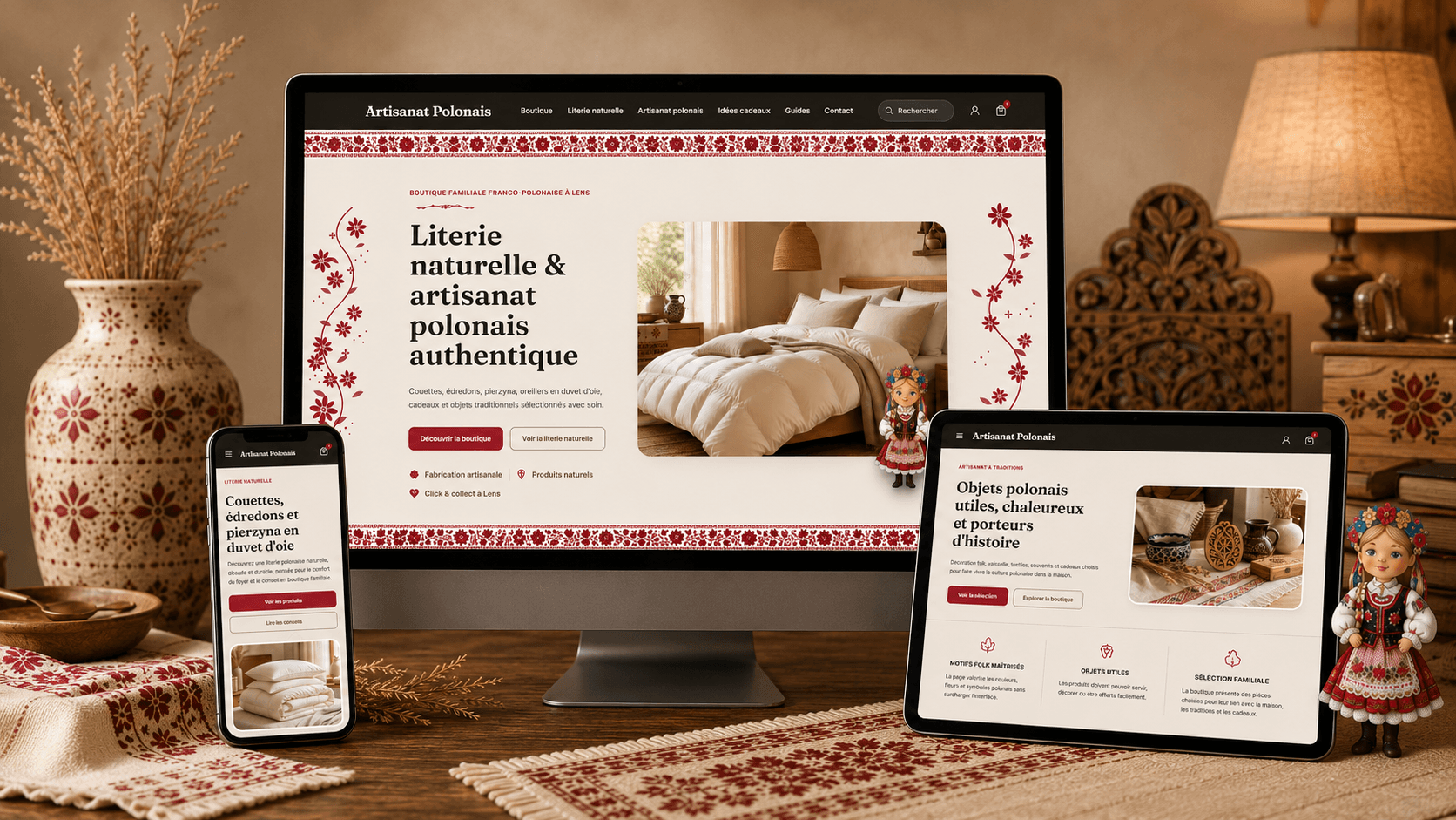 Boutique Artisanat Polonais présentée sur ordinateur, tablette et mobile
